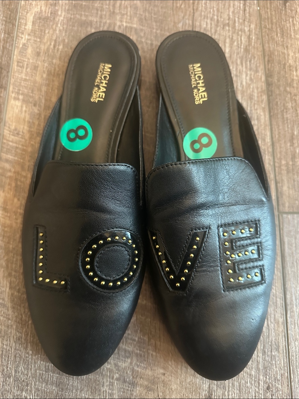MICHAEL Michael Kors Black Leather 'LOVE' Stud-Embellished Slip-On Mules